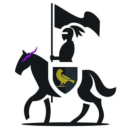 The Canary Cry coat of arms — a knight on horseback with the canary shield